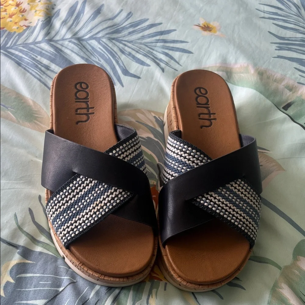 Earth Brown Cork Slide Sandals with Navy Braided Straps - Picture 3 of 3